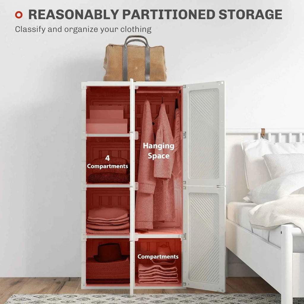 White Portable Wardrobe – Foldable Clothes Storage Organizer with 5 Compartments & Hanging Rod (United States & Canada Delivery Only)