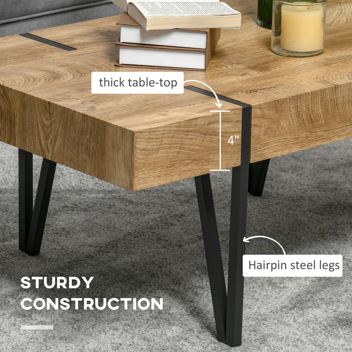 Rustic Rectangular Coffee Table – Natural Wood Center Table with Steel Hairpin Legs (United States & Canada Delivery Only)