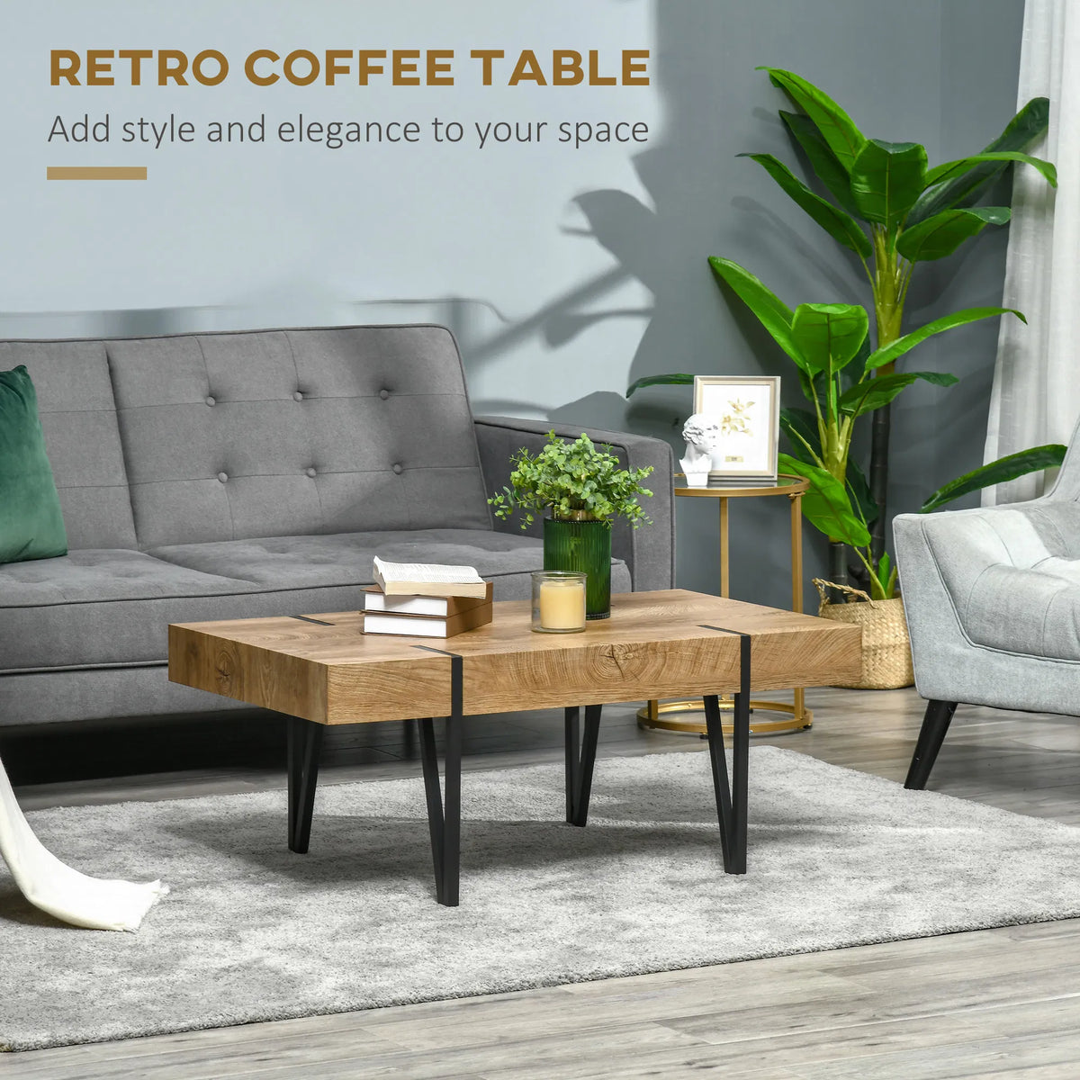 Rustic Rectangular Coffee Table – Natural Wood Center Table with Steel Hairpin Legs (United States & Canada Delivery Only)