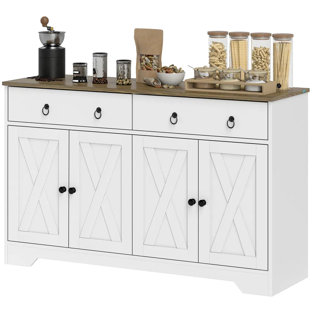White Kitchen Sideboard Cabinet – 2 Drawers, 4 Barn Doors & Adjustable Shelves (United States & Canada Delivery Only)